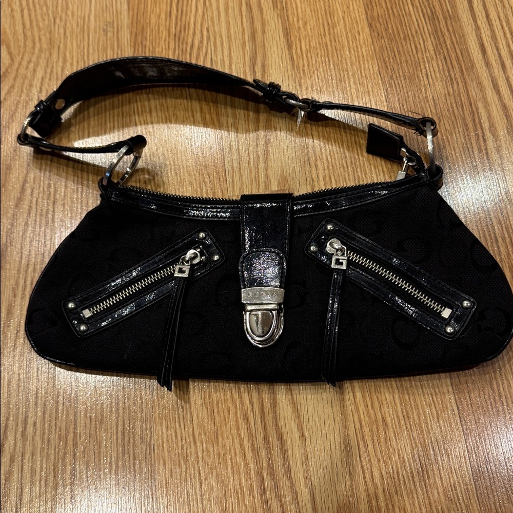 Guess Black Signature Jacquard Shoulder Bag with Silver Hardware